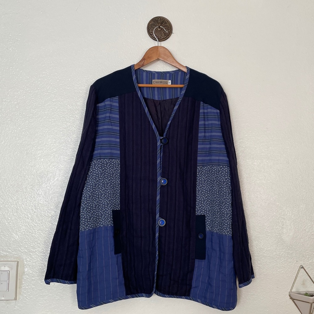 Canvasbacks Vintage Blue Patchwork Linen Rayon Blazer Jacket XL USA Made 8004